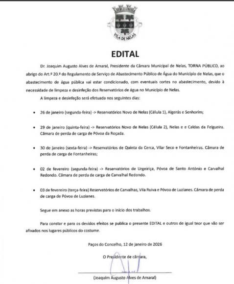 Trabalhos t&eacute;cnicos a realizar no sistema de abastecimento de &aacute;gua do Concelho