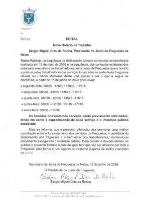 Novo Hor&aacute;rio de Funcionamento dos Servi&ccedil;os da Junta de Freguesia de Nelas