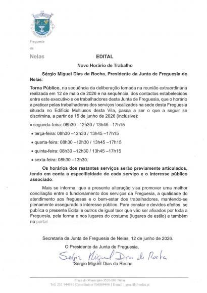 Novo Hor&aacute;rio de Funcionamento dos Servi&ccedil;os da Junta de Freguesia de Nelas
