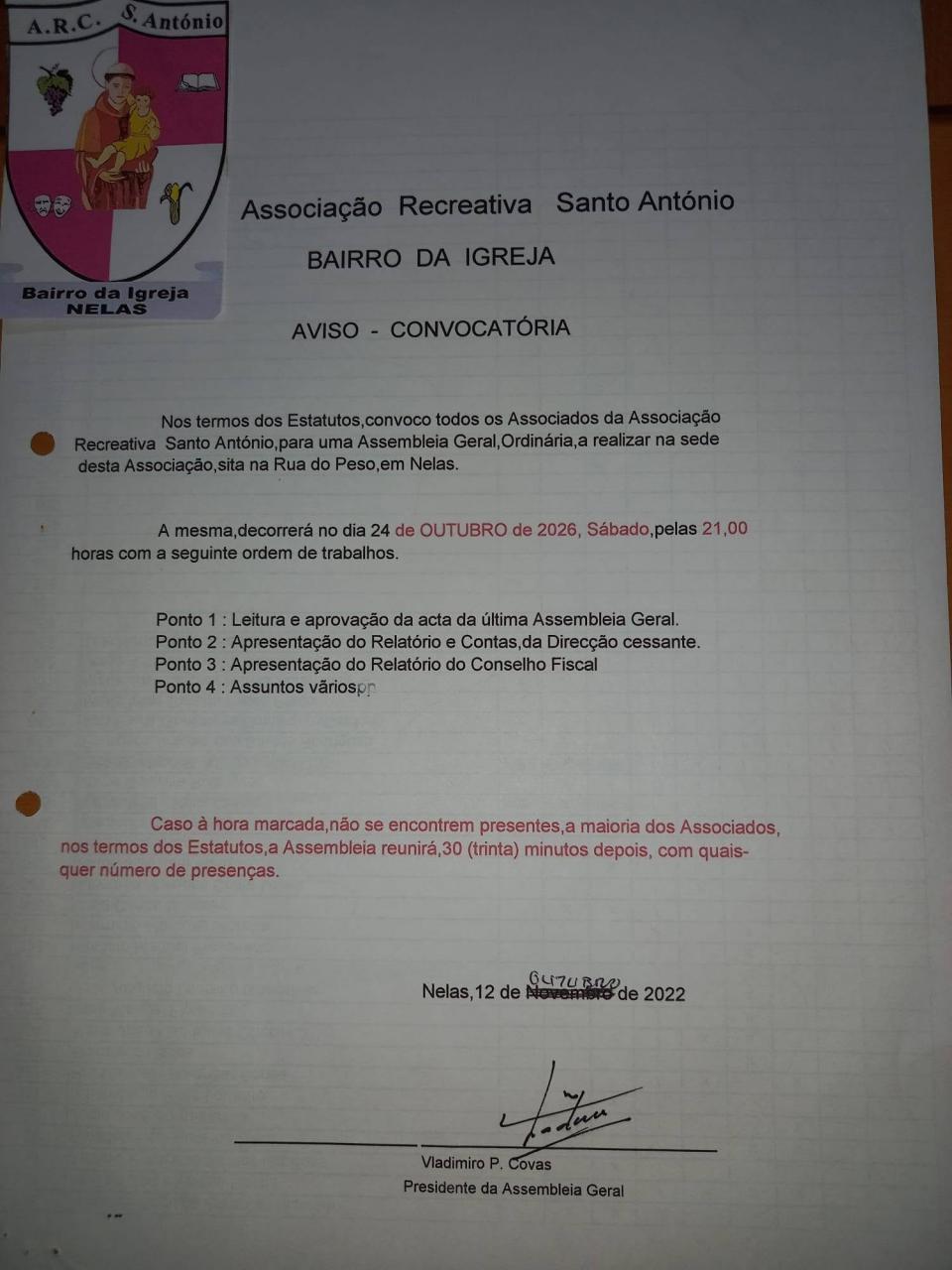 Assembleia Geral de S&oacute;cios - Bairro da igreja